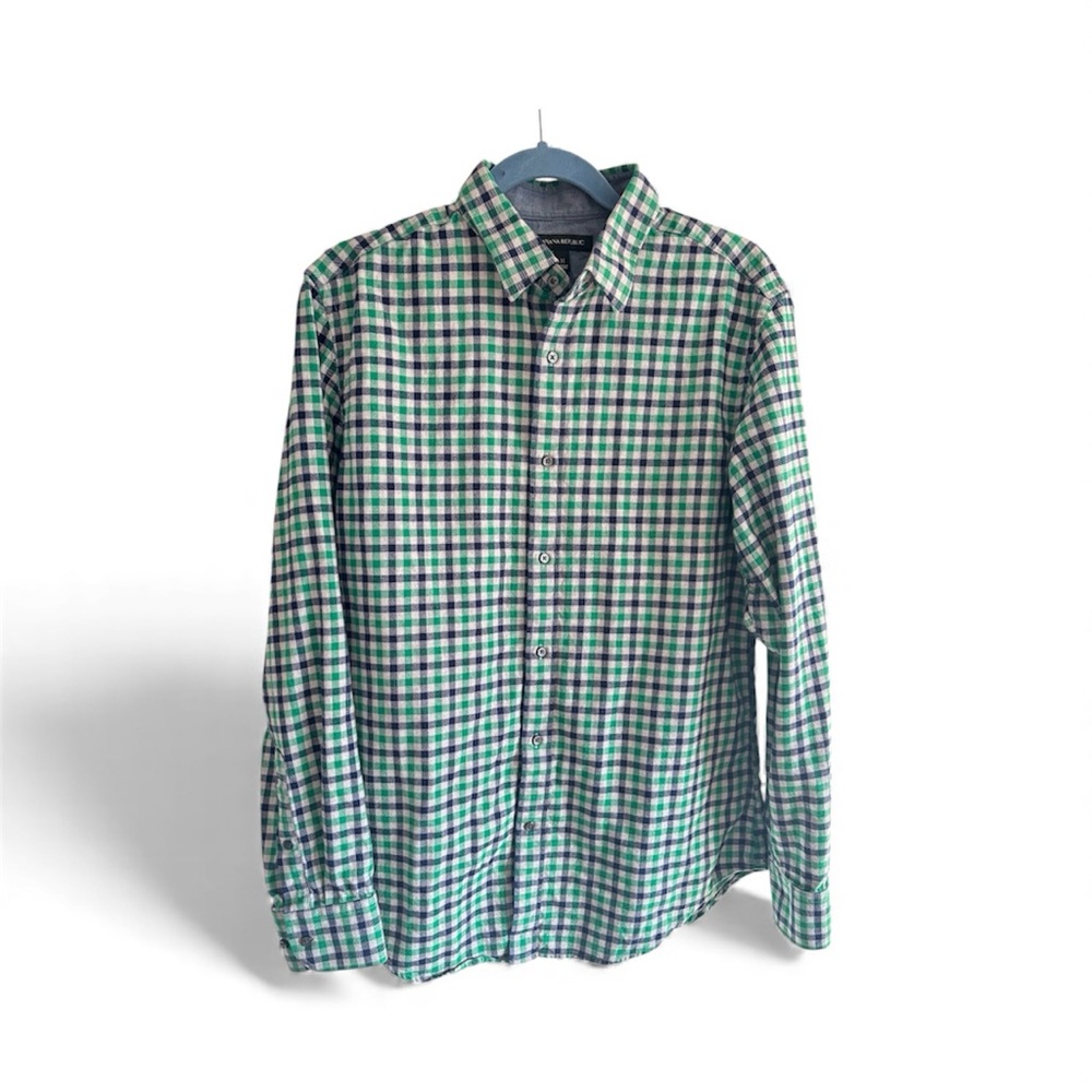 Banana Republic Green and Navy Plaid Shirt Men’s size Medium 100% Cotton